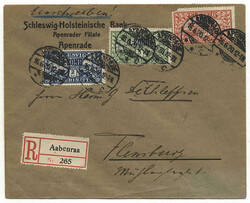 Schleswig, 1920, Mi 26-28, 2, 5 und Kr "1.Zone" auf Einschreibebrief ...