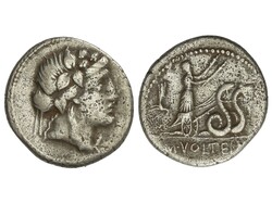 Denario. 78 a.C. VOLTEIA. M. Volteius M.f. Anv.: Cabeza de Baco a ...