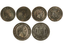 Lote 3 monedas 5 (2) y 10 Céntimos. 1875. BRUSELAS. O.T. Anverso y ...