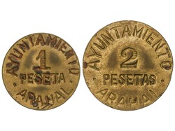 Lote 2 monedas 1 y 2 Pesetas. ARAHAL. Latón. (Leves oxidaciones). ...