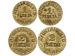 Lote 4 monedas 1 (2) y 2 Pesetas (2). ARAHAL. Latón. AC-40/41; ...