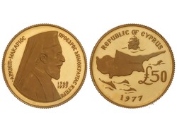 50 Pounds. 1977. 15,94 grs. AU (917). Arzobispo Makarios. (Leves ...