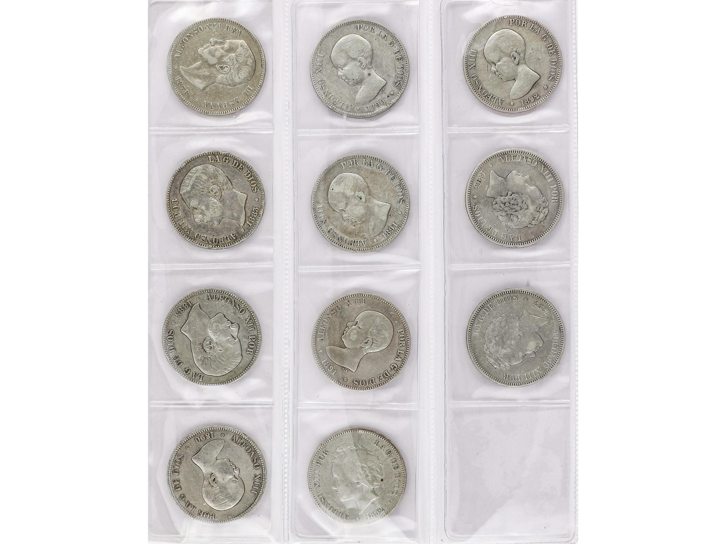 Lote 11 monedas 5 Pesetas. 1876 a1893. ALFONSO XII y XIII. 1876, 83, ...