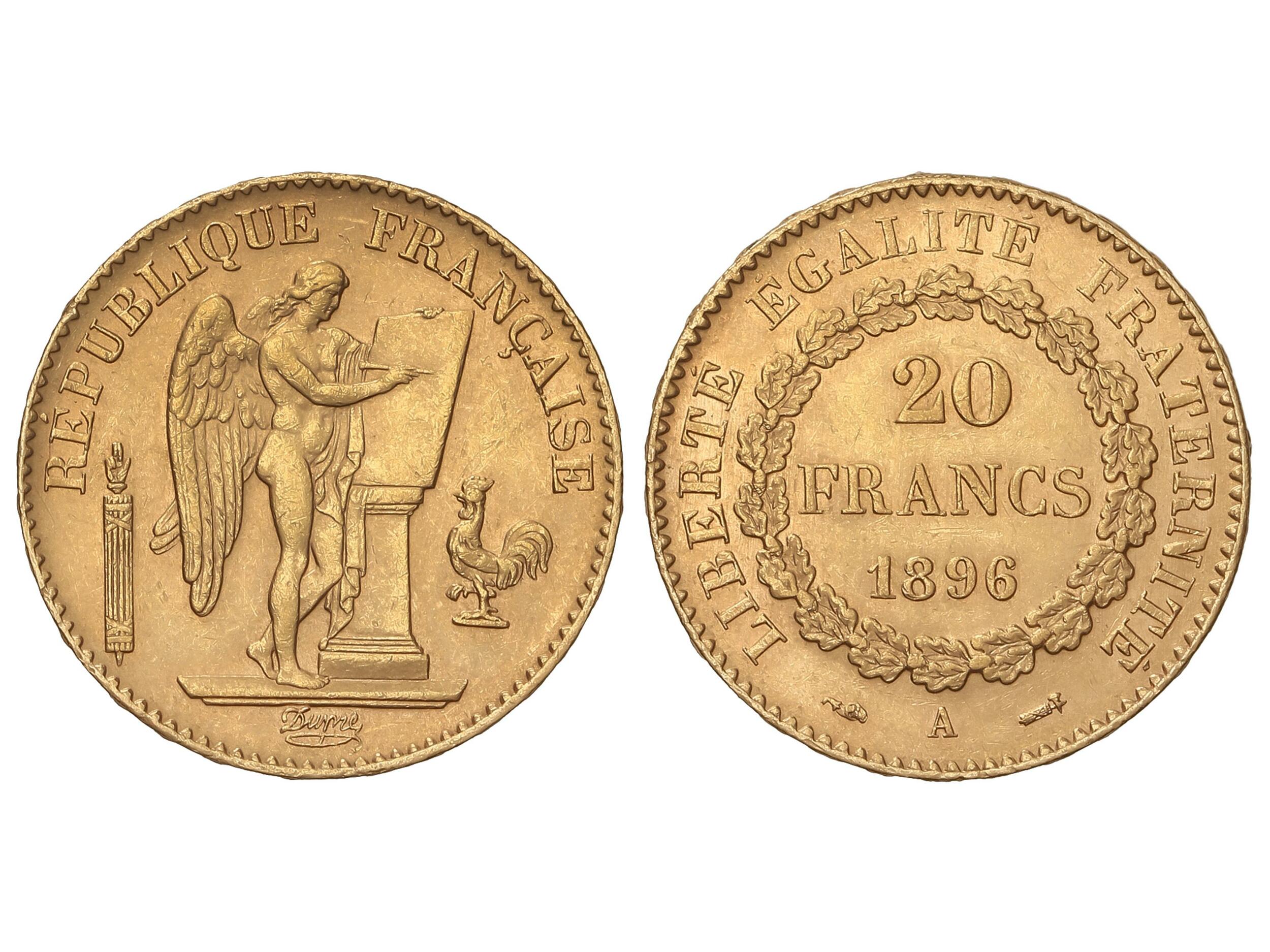 20 Francs. 1896-A. III REPUBLIQUE. PARIS. 6,45 grs. AU (900). Fr-592; ...