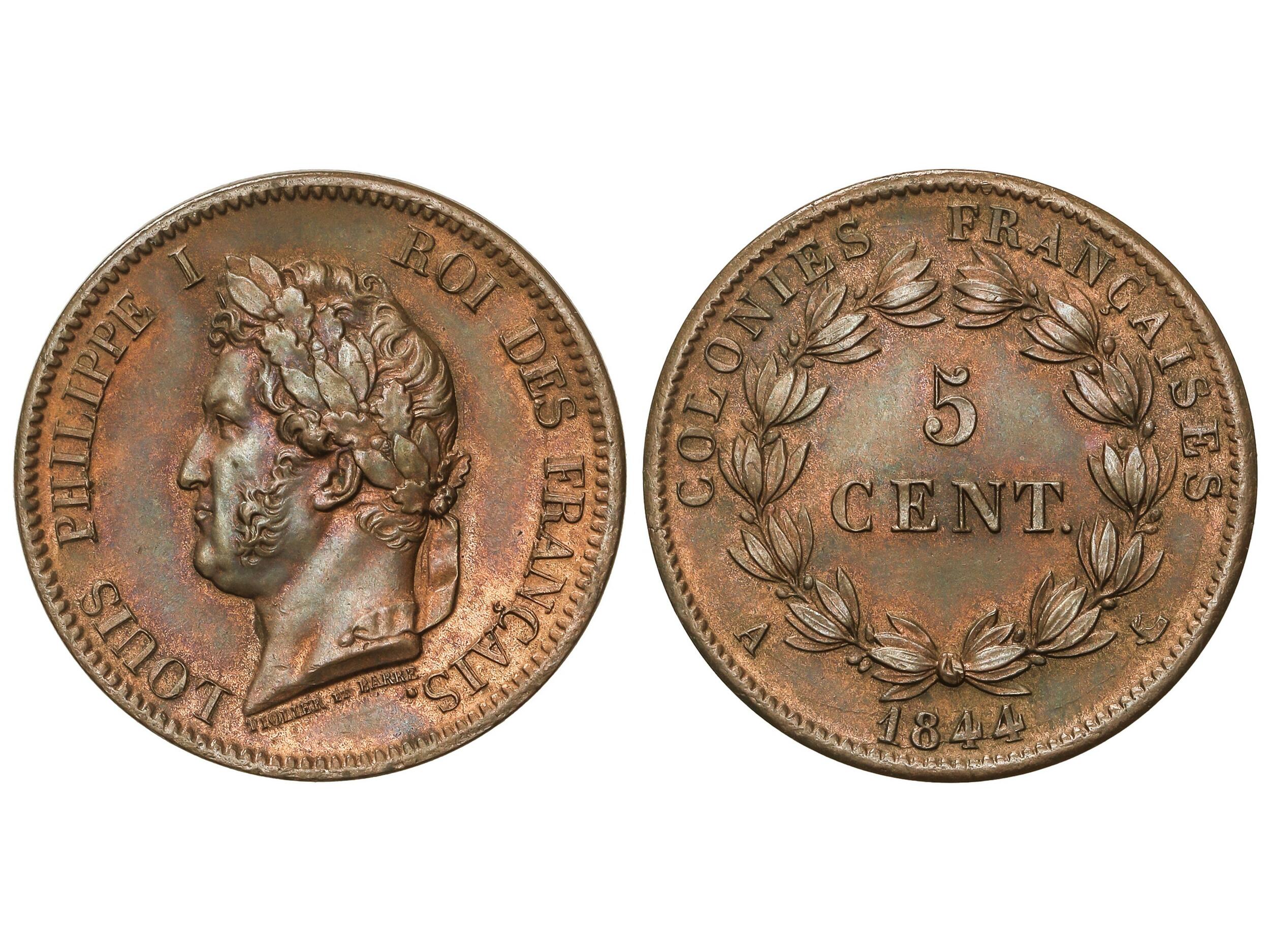 5 Centimes. 1844-A. LOUIS PHILIPPE. PARIS. Br. Color y brillo. KM-12. ...