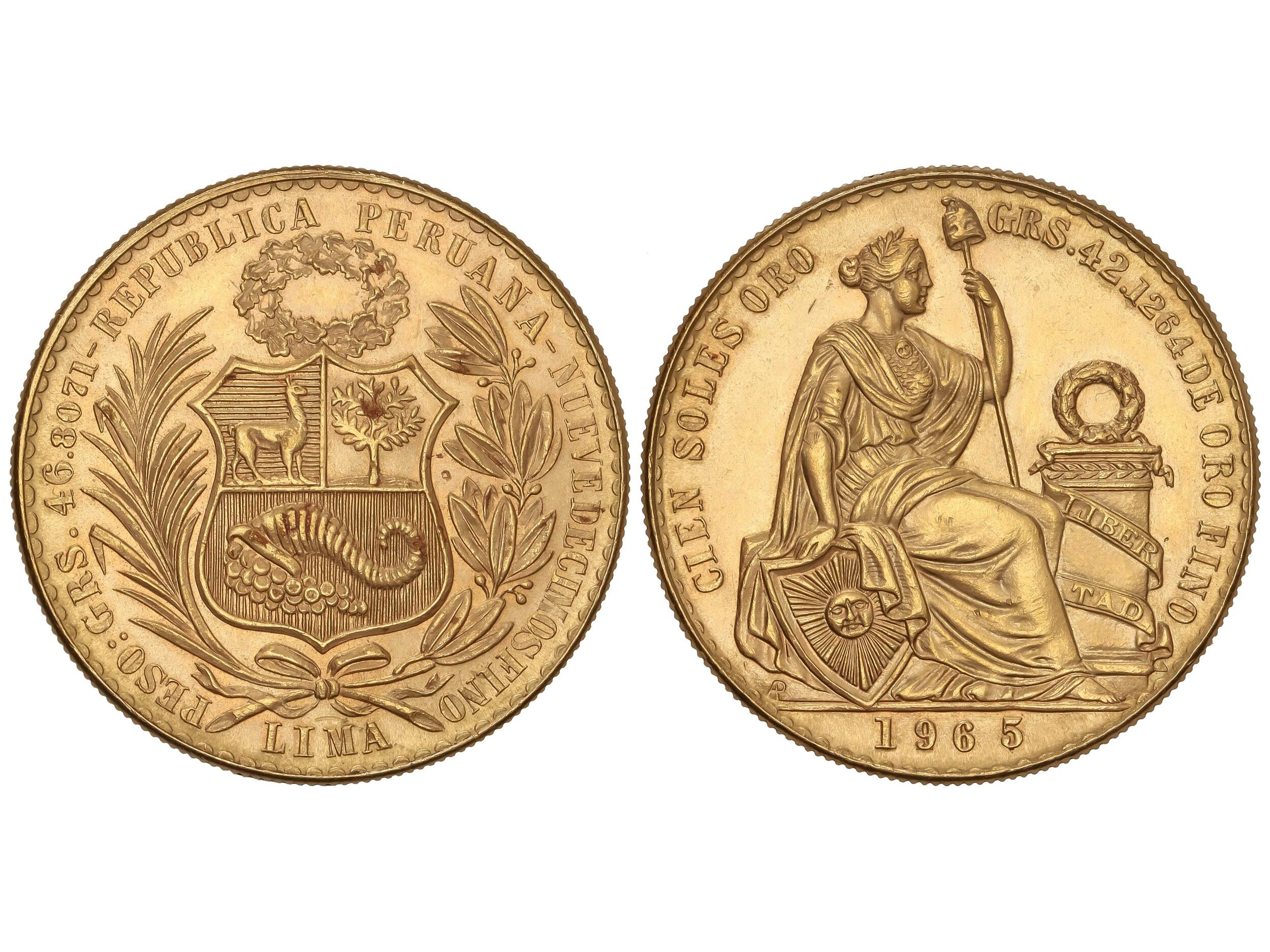 100 Soles. 1965. LIMA. 46,68 grs. AU (900). Fr-78; KM-231. EBC.