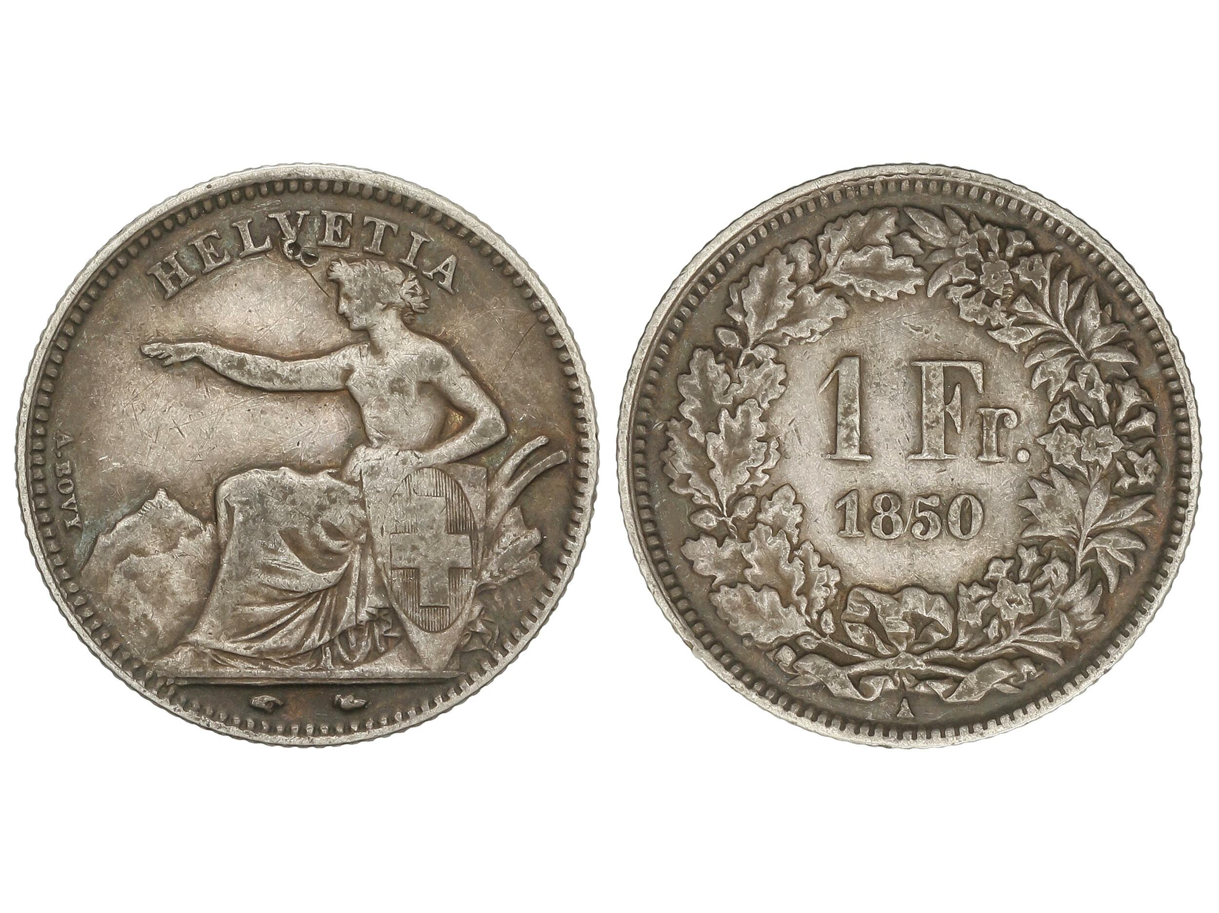 1 Franc. 1850-A. PARÍS. 4,90 grs. AR. Helvetia. Pátina. ESCASA. ...