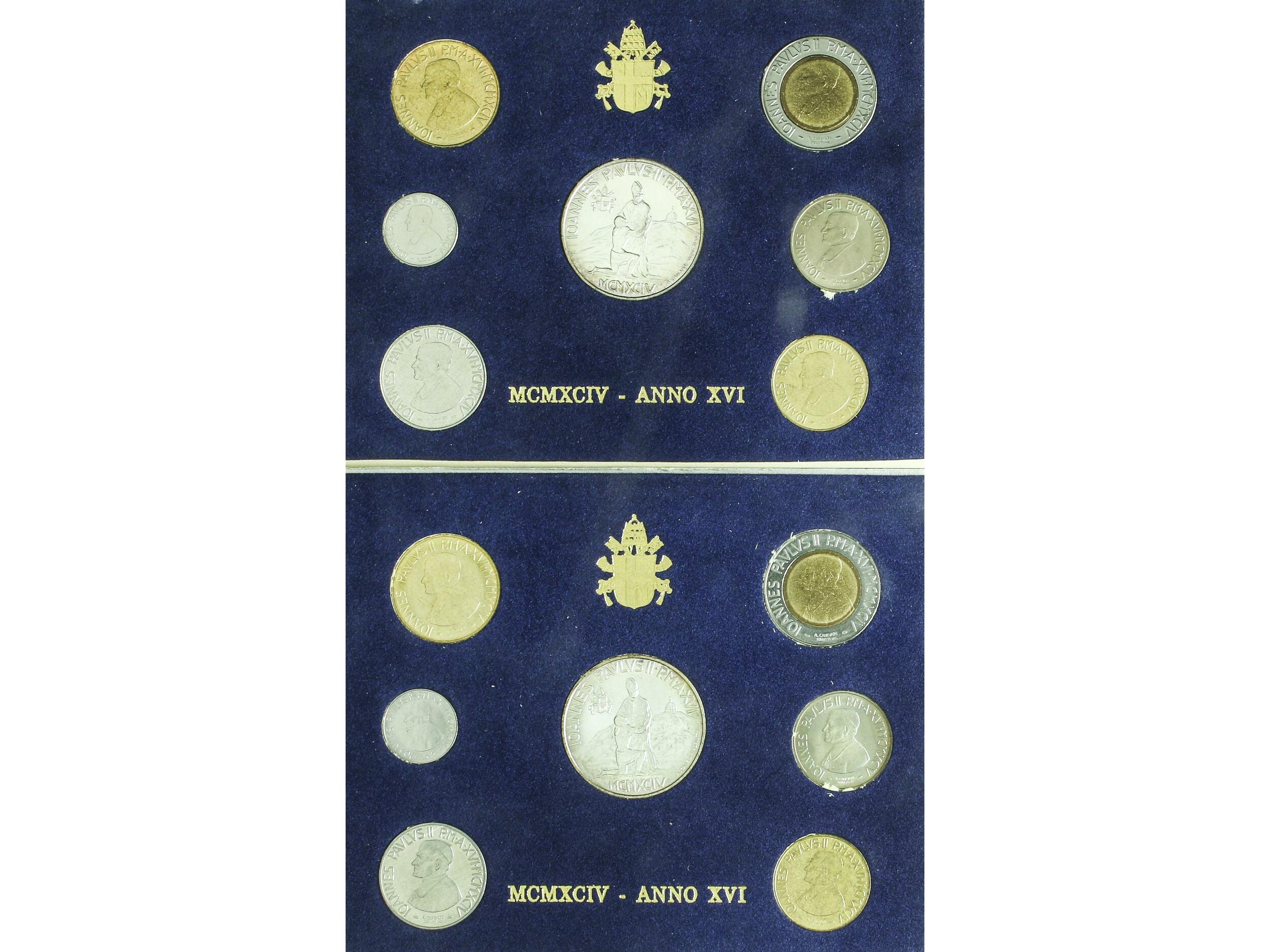 Lote 2 Set 7 monedas 1 a 1.000 Liras. 1994. JUAN PABLO II. AlBr, Br y ...