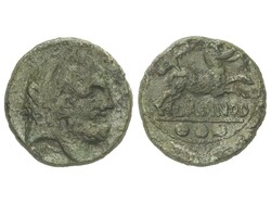 Teruncius. 210-175 a.C. LARINUM. FRENTANI. Anv.: Cabeza de Hércules ...