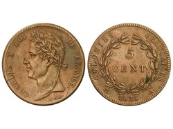 5 Centimes. 1825-A. CHARLES X. PARIS. 10,08 grs. Br. KM-10.1. MBC+.