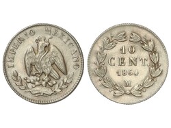 10 Centavos. 1864 M. MAXIMILIANO I. 2,69 grs. AR. KM-386.1. MBC+.