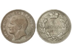 5 Dinara. 1879. MILÁN I. 24,76 grs. AR. Pátina. KM-12. MBC+.