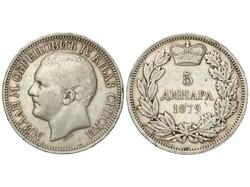 5 Dinara. 1879. MILAN I. 24,95 grs. (Rayitas y gopecitos). KM-12. MBC.