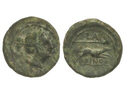 Semuncia. 210-175, a.C. LARINUM. FRENTANI. Anv.: Cabeza de Artemisa a ...
