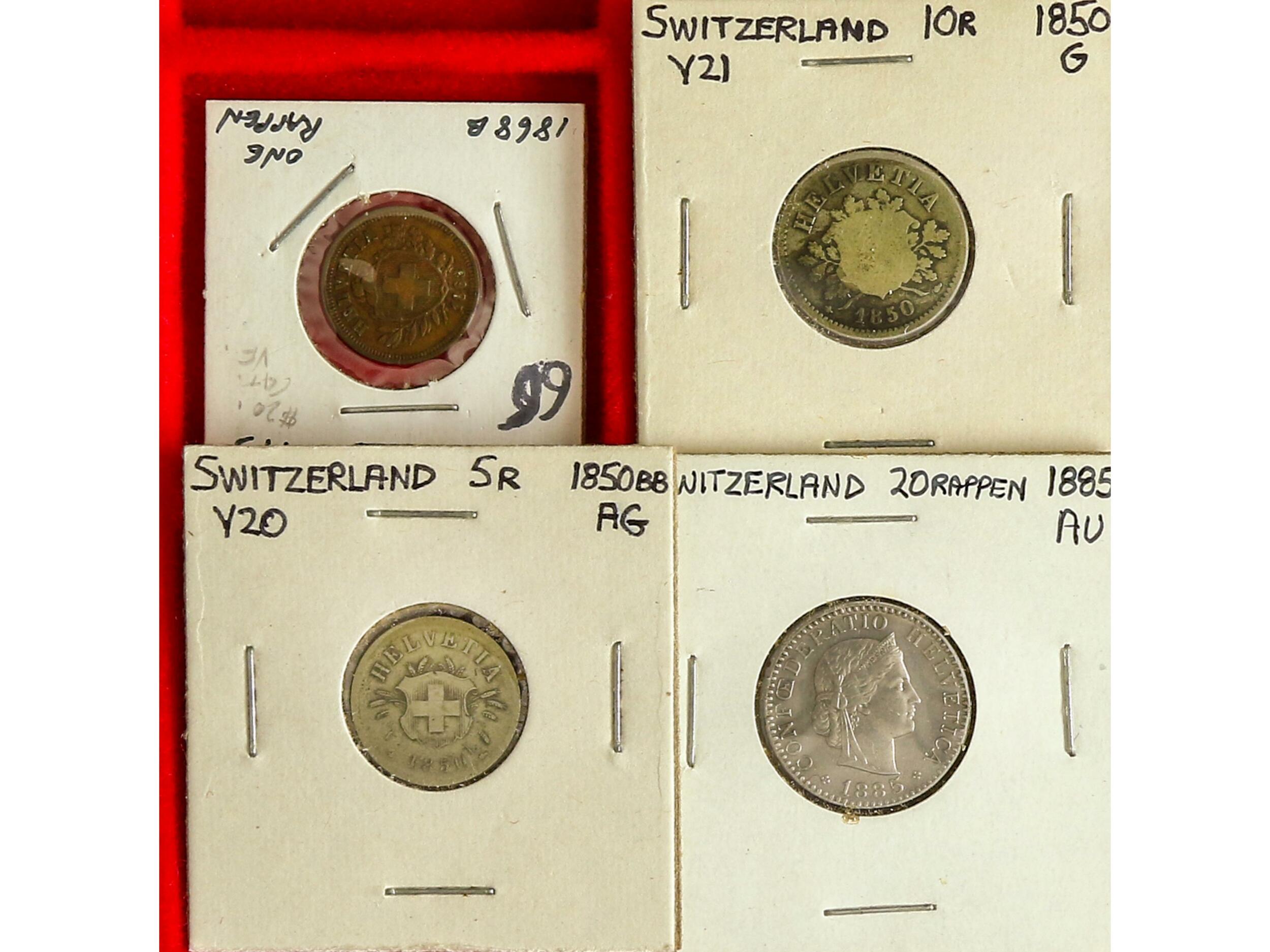Lote 4 monedas 1, 5, 10 y 20 Rappen. 1850 BB, 1850 BB, 1868 B, 1885. ...
