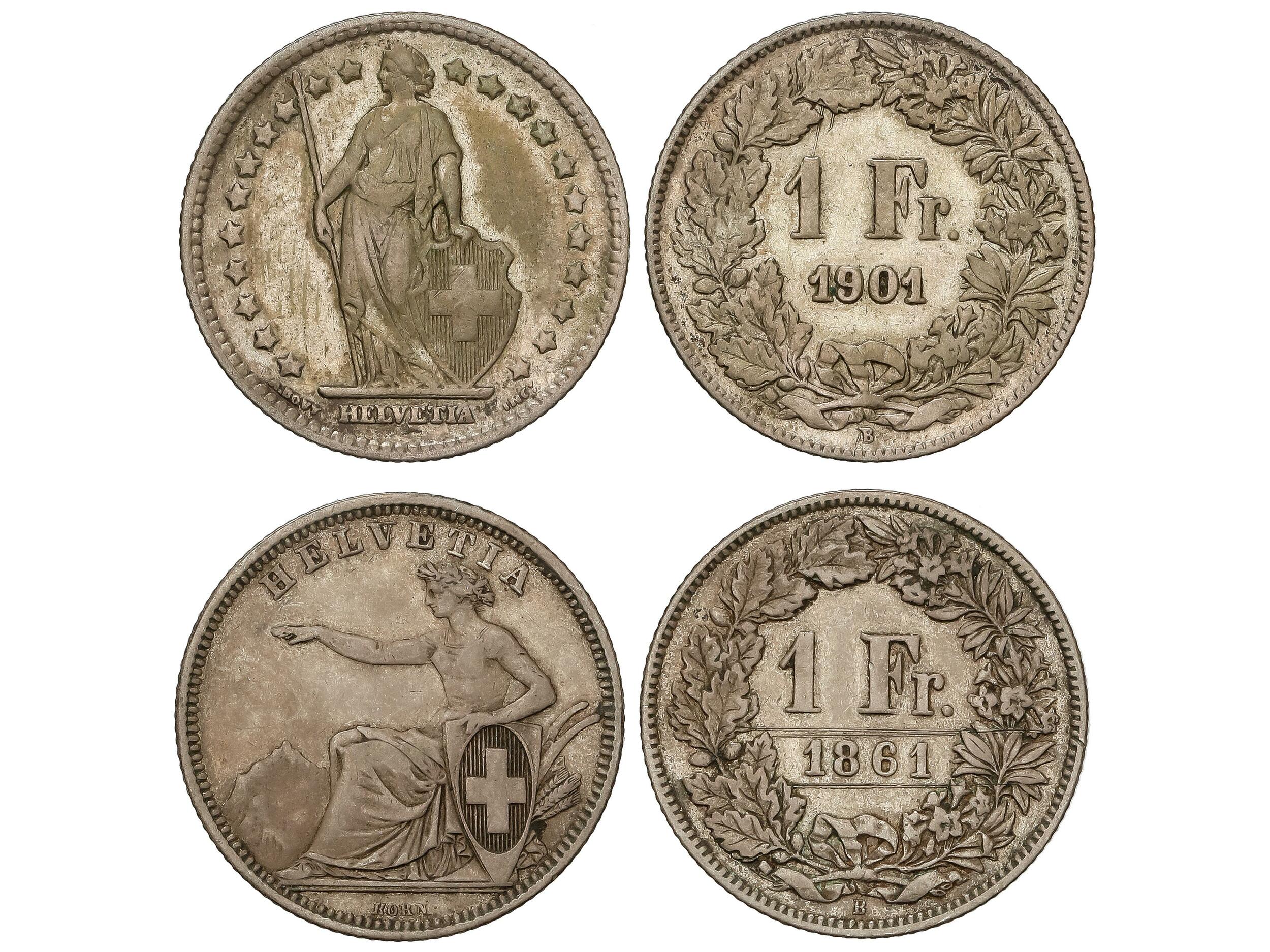 Lote 2 monedas 1 Franc. 1861 y 1901. AR. KM-9a, 24. MBC- y MBC.