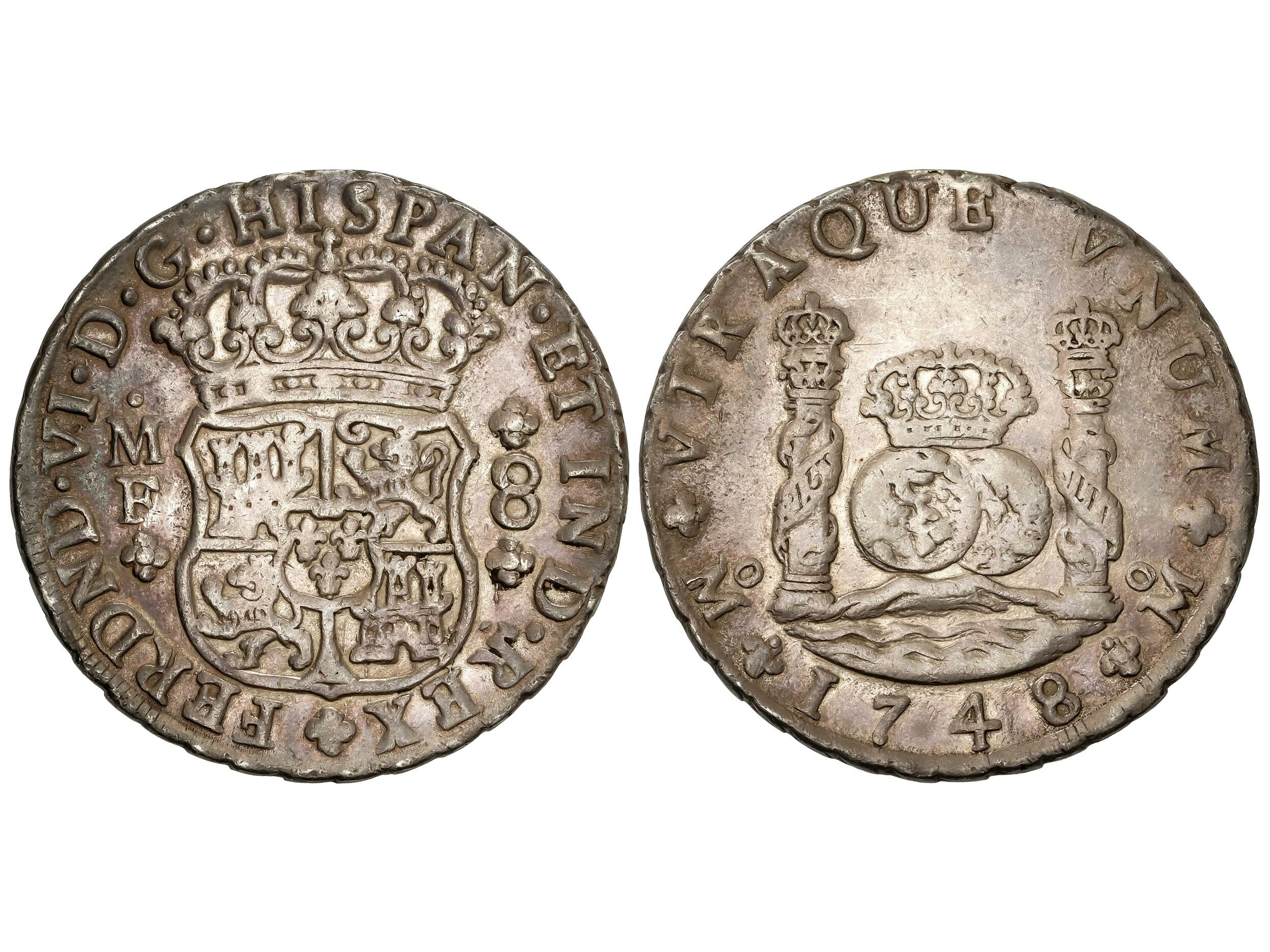 8 Reales. 1748. MÉXICO. M.F. 26,46 grs. Columnario. (Descolgada, ...