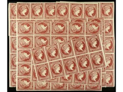 ESPAÑA. 4 cuartos carmín, tipo IV. Más de 200 sellos en bloques. ...