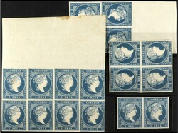 ESPAÑA. 1 real azul. 18 sellos en parejas y bloques. Ed.49. Cat. ...