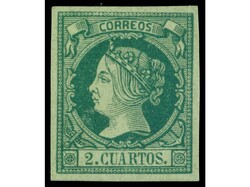 ESPAÑA. 2 cuartos verde. Precioso sello por su color y amplios ...