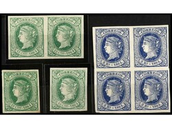 ESPAÑA. 12 cuartos verde (4) y 2 reales azul bloque de cuatro, un ...