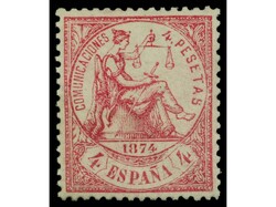 ESPAÑA. 4 pts. carmín. Precioso sello pese a estar tratado para ...