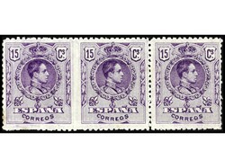 ESPAÑA. 15 cts. violeta con DENT. 14. Trío horizontal conteniendo ...
