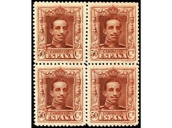 ESPAÑA. 50 cts. castaño rojo. ERROR DE COLOR. Bloque de cuatro. Ed ...