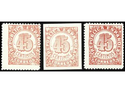ESPAÑA. 45 cts. rosa (dentado y SIN DENTAR) y 45 cts. carmín. ...