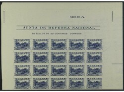 ESPAÑA. 50 cts. azul SIN DENTAR. 20 Sellos en bloque cabecera de ...