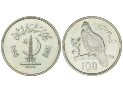100 Rupees. 1976. Rev.: Faisán Tragopan. 28,51 grs. AR. KM-40. SC.