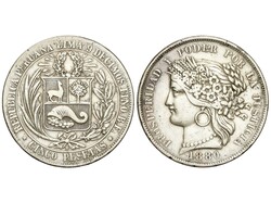 5 Pesetas. 1880. LIMA. B.F. 24,52 grs. AR. (Limpiada). KM-201.1. MBC.