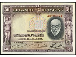 50 Pesetas. 22 Julio 1935. Ramón y Cajal. Serie A. Ed-366a. SC.