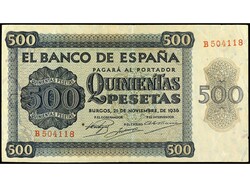 500 Pesetas. 21 Noviembre 1936. Catedral de Salamanca. Serie B. ...