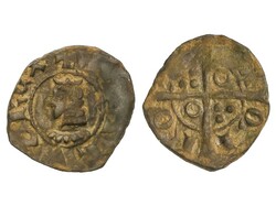 Óbolo. PERE III. BARCELONA. Anv.: PETRVS REX. Busto a izquierda. Rev ...