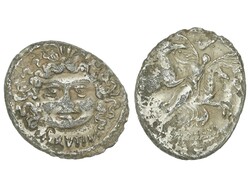Denario. 47 a.C. PLAUTIA. L. Plautius Plancus. Anv.: Máscara de la ...