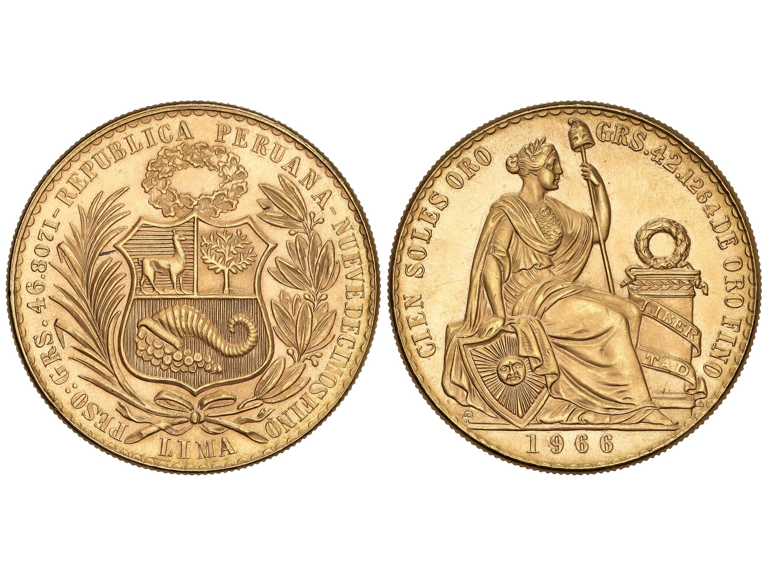 100 Soles. 1966. LIMA. 46,70 grs. AU (900). Fr-78; KM-230. Tirada: 3 ...