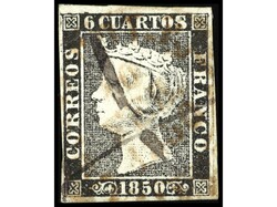 ESPAÑA. 6 cuartos negro inutilizado con cruz de tinta y fechador ...