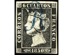 ESPAÑA. 6 cuartos negro, plancha I, mat. R de Barcelona en azul. ...
