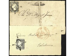 ESPAÑA. 6 cuartos negro. Envuelta y fragmento. A EXAMINAR. Ed.1 y 1A