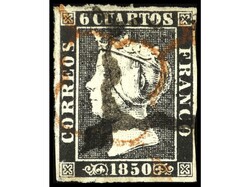 ESPAÑA. 6 cuartos negro inutilizado con doble ARAÑA, una de tinta ...