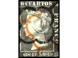 ESPAÑA. 6 cuartos negro con doble ARAÑA negra y roja. Borde de hoja ...