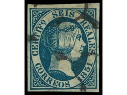 ESPAÑA. 6 reales azul. Precioso por su color, márgenes y limpios ...