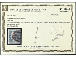 ESPAÑA. 6 reales azul verdoso. Amplios márgenes. Dictamen CEM. ...