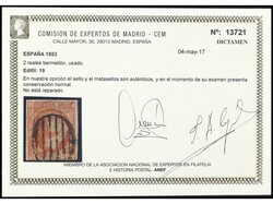 ESPAÑA. 2 reales bermellón. Dictamen CEM. PRECIOSO. MUY RARO. GRAN ...