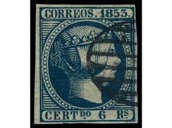 ESPAÑA. 6 reales azul. PRECIOSO. MUY RARO. Ed.21. Cat. 610€
