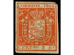 ESPAÑA. 2 reales naranja. Falta de papel en la esquina superior ...