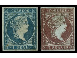 ESPAÑA. 1 real azul verdoso y 2 reales violeta. Bonitos ejemplares. ...
