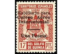 COLONIAS ESPAÑOLAS: GUINEA. 1 pta. s. 17 pts. carmín. 2 ejemplares, ...