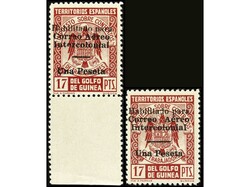 COLONIAS ESPAÑOLAS: GUINEA. 1 pta. s. 17 pts. carmín. 2 ejemplares, ...